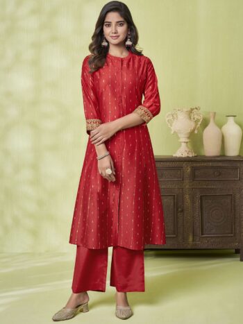 Label Khoj Women Cotton Slub Embroidery , Foil Print Work Red Color Kurta & Bottom Set