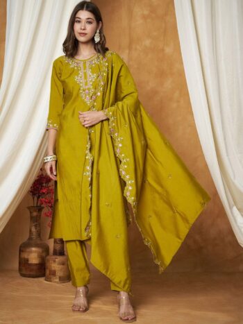 Label Khoj Women's Parrot Silk Blend Embroidery Kurta with Pant and Dupatta