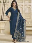 Label Khoj Women Roman Silk Embroidery  Work Blue Color Kurta & Bottom With Dupatta  Set