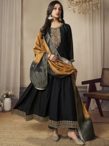 Label khoj Beautiful Anarkali kurta With Pant and Dupatta Set black Color