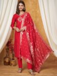 Label Khoj Women's Red Silk Blend Embroidery Kurta with Pant and Dupatta