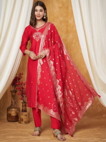 Label Khoj Women's Red Silk Blend Embroidery Kurta with Pant and Dupatta