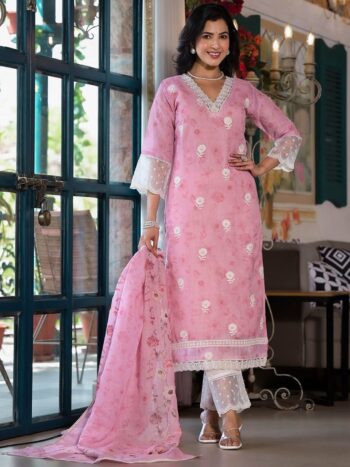 Label Khoj Women Lilen Digital print kurta, trouser and dupptta set
