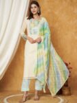 Label Khoj Women's Green Cotton Jacquard Patch Work Kurta with Pant and Dupatta