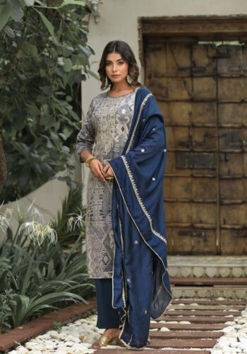 Label Khoj Women Jam satin Kurta ,trouser and dupptta set