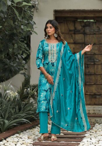 Label Khoj Women Jam satin Kurta ,trouser and dupptta set
