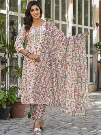 Label khoj women Cotton print kurta SetPEACH Color