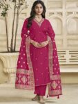 Label Khoj Women Roman Silk Embroidery  Work Rani Color Kurta & Bottom With Dupatta  Set