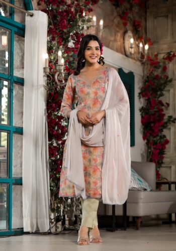 Label Khoj Women chanderi Silk Kurta ,trouser and dupptta set