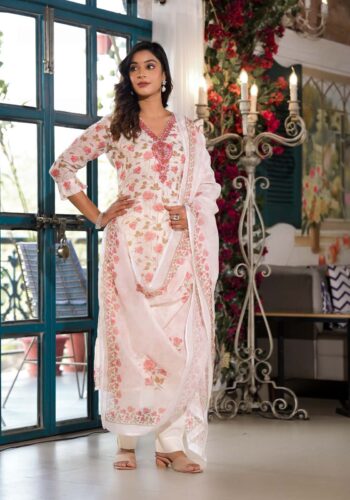 Label Khoj Women Lilen print embroidery Kurta ,trouser and dupptta set