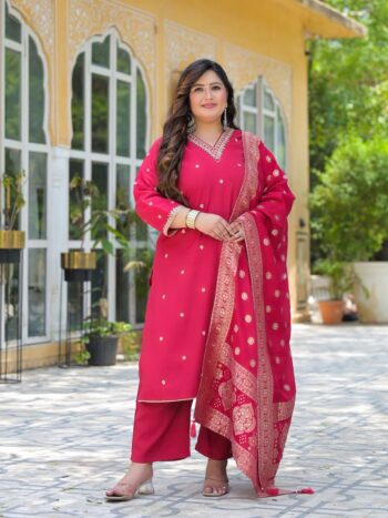 Label Khoj Women Roman Silk Embroidery  Work Rani Color Kurta & Bottom With Dupatta  Set