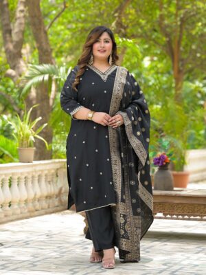 Label Khoj Women Roman Silk Embroidery  Work Black Color Kurta & Bottom With Dupatta  Set