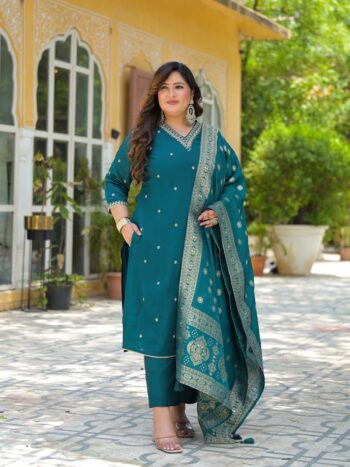 Label Khoj Women Roman Silk Embroidery  Work Firoji Color Kurta & Bottom With Dupatta  Set