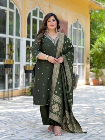 Label Khoj Women Roman Silk Embroidery  Work Mehndi Color Kurta & Bottom With Dupatta  Set