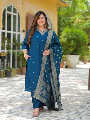 Label Khoj Women Roman Silk Embroidery  Work Blue Color Kurta & Bottom With Dupatta  Set