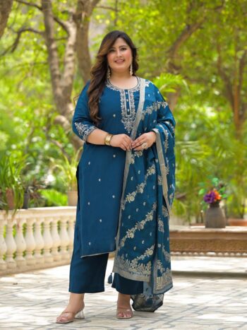 Label Khoj Women Roman Silk Embroidery  Work Blue Color Kurta & Bottom With Dupatta  Set