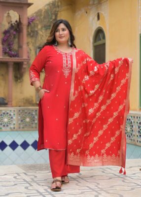 Label Khoj Women Roman Silk Embroidery  Work Red Color Kurta & Bottom With Dupatta  Set