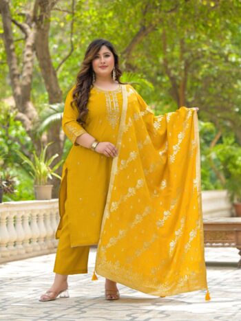Label Khoj Women Roman Silk Embroidery  Work Yellow Color Kurta & Bottom With Dupatta  Set