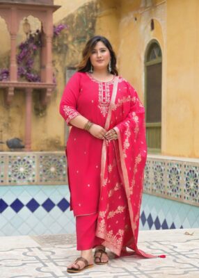 Label Khoj Women Roman Silk Embroidery  Work Rani Color Kurta & Bottom With Dupatta  Set