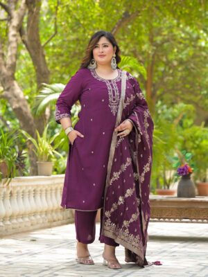 Label Khoj Women Roman Silk Embroidery  Work Voilet Color Kurta & Bottom With Dupatta  Set