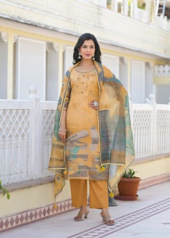 Label Khoj Women Lilen print kurta, trouser and dupptta set