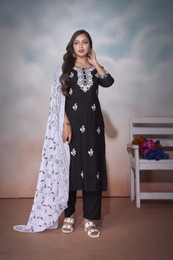Label Khoj Women  heavy embroidery kurta trouser and Printed dupptta set
