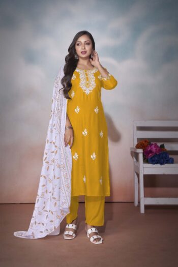 Label Khoj Women  heavy embroidery kurta trouser and Printed dupptta set