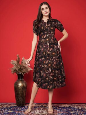 Label Khoj Women's Blue Rayon Floral Printed Midi Dress
