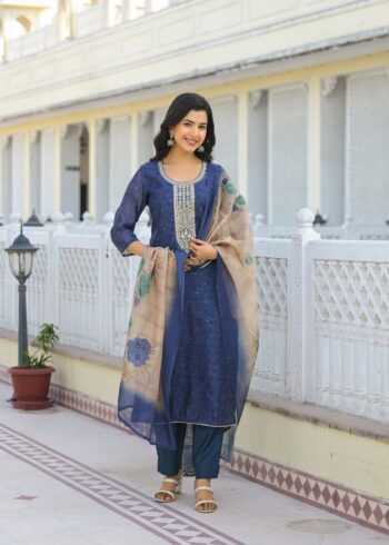 Label Khoj Women Chanderi kurta, trouser and dupptta set