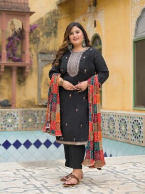 Label khoj Silk top with heavy embroidery and Pure cotton lining kurta set BLACK Color