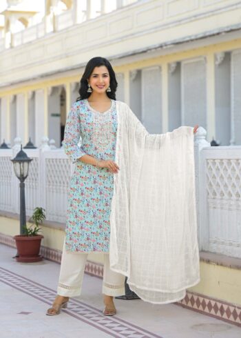 Label Khoj Women cotton kurta, trouser and dupptta set