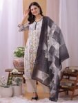 Label Khoj Women's Grey Linen Embroidered Kurta with Pant and Grey Dupatta