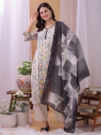 Label Khoj Women's Grey Linen Embroidered Kurta with Pant and Grey Dupatta