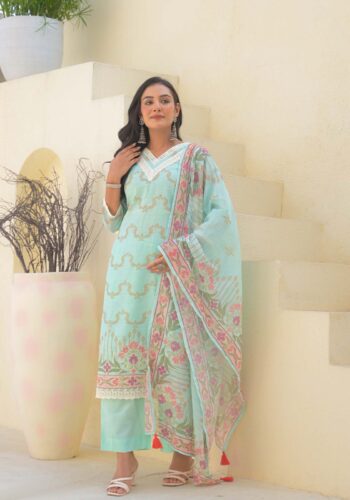 Label Khoj Women Lilen kurta, trouser and dupptta set