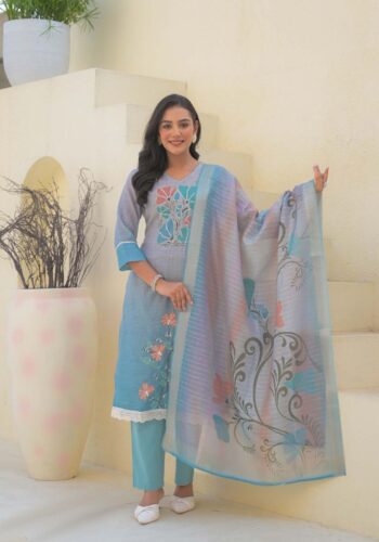 Label Khoj Women Lilen kurta, trouser and dupptta set