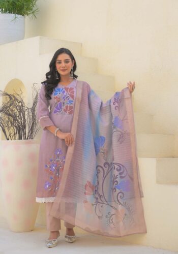 Label Khoj Women Lilen kurta, trouser and dupptta set