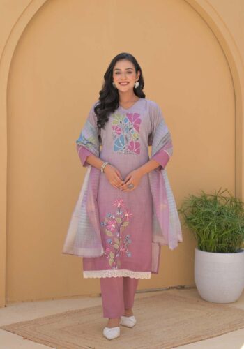 Label Khoj Women Lilen kurta, trouser and dupptta set