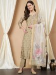 Label Khoj Women's Green Chanderi Embroidered Kurta with Pant and Green Dupatta