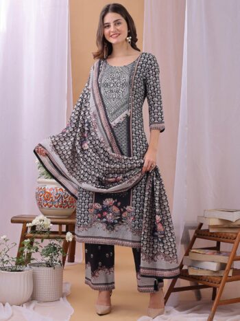 Label Khoj Women's Black Silk Blend Handwork Kurta with Pant and Black Dupatta