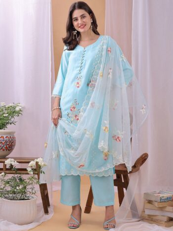 Label Khoj Women's Sky Blue Silk Blend Thread Work Kurta with Pant and Sky Blue Dupatta