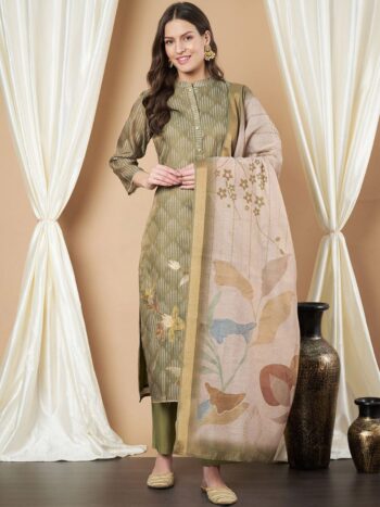 Label Khoj Women's Green Chanderi Button Embellished Kurta with Pant and Green Dupatta