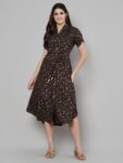 Label Khoj Women's Black Rayon Printed Midi Dress