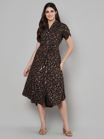 Label Khoj Women's Black Rayon Printed Midi Dress
