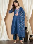 Label Khoj Women's Blue Chanderi Embroidered Kurta with Pant and Blue Dupatta