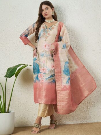 Label Khoj Women Silk Jacqured  Embroidery  Work Cream Color Kurta & Bottom With Dupatta  Set