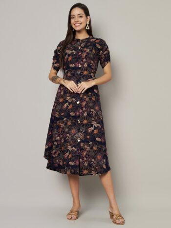 Label Khoj Women's Blue Rayon Floral Printed Midi Dress