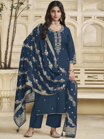 Label Khoj Women Roman Silk Embroidery  Work Blue Color Kurta & Bottom With Dupatta  Set