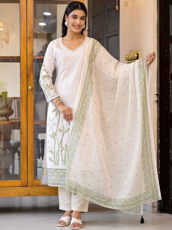 Label Khoj Women Lilen Print Kurta, Trouser And Dupptta Set Linen Cream Color