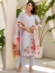 Label Khoj Women Lilen Print Kurta, Trouser And Dupptta Set Linen Grey Color