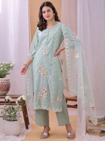 Label Khoj Women's Pista Silk Blend Thread Work Kurta with Pant and Pista Dupatta